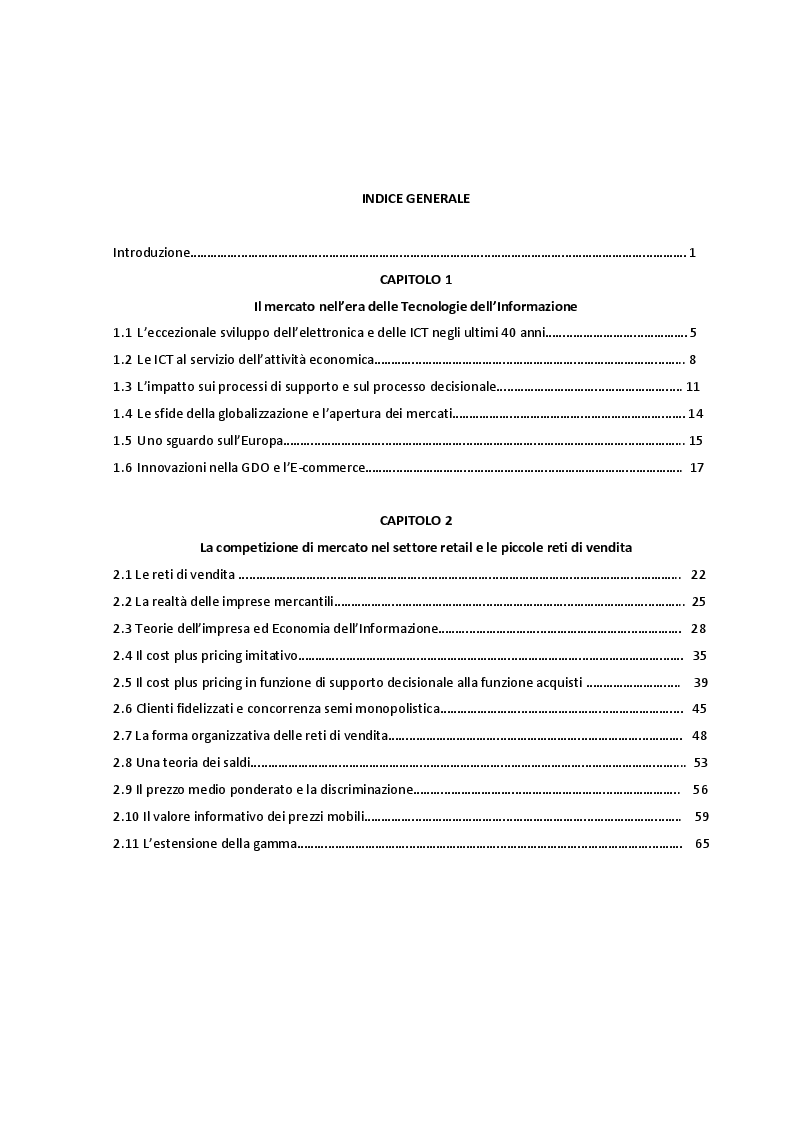 Indice della tesi: L'utilizzo delle ICT nelle piccole e medie reti di vendita, Pagina 1