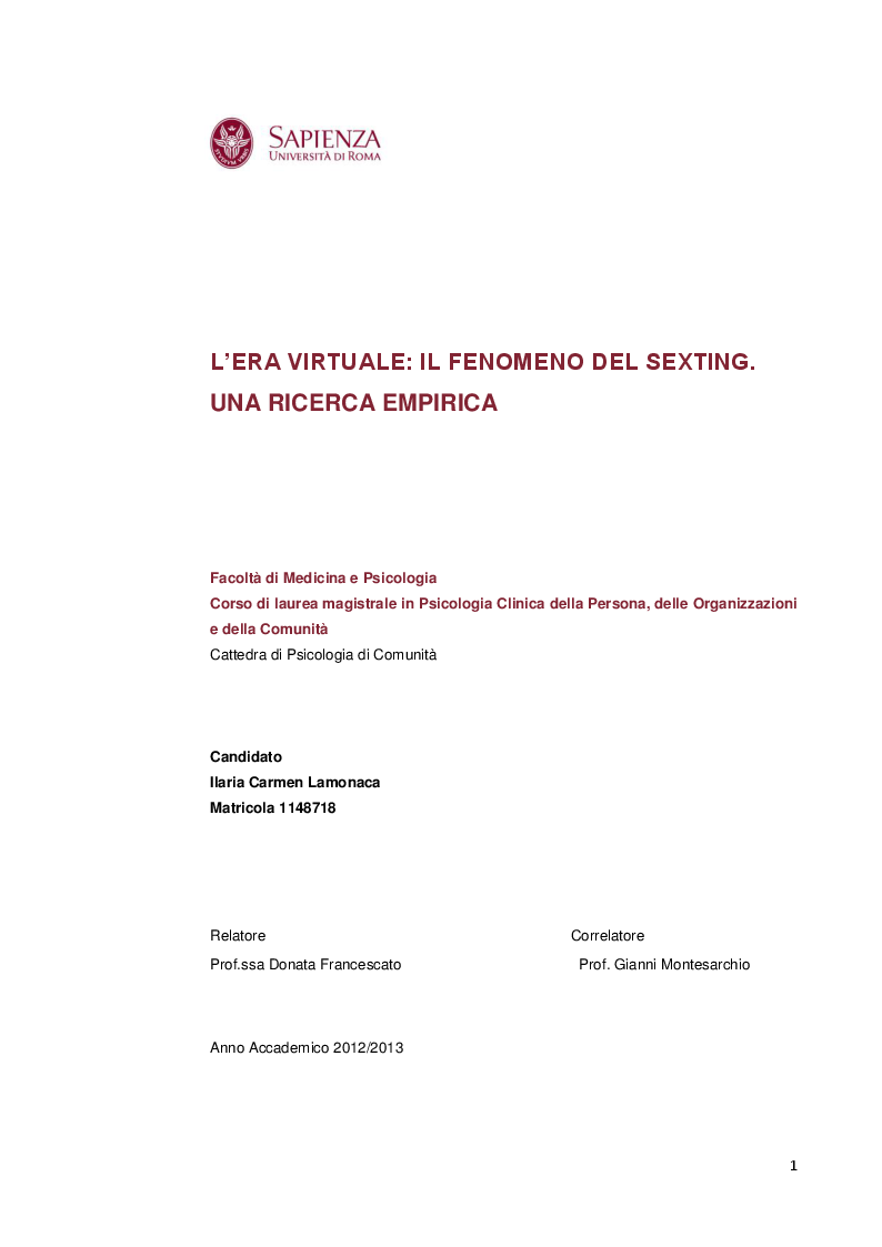 Anteprima della tesi: L'era virtuale - il fenomeno del sexting. Una ricerca empirica, Pagina 1