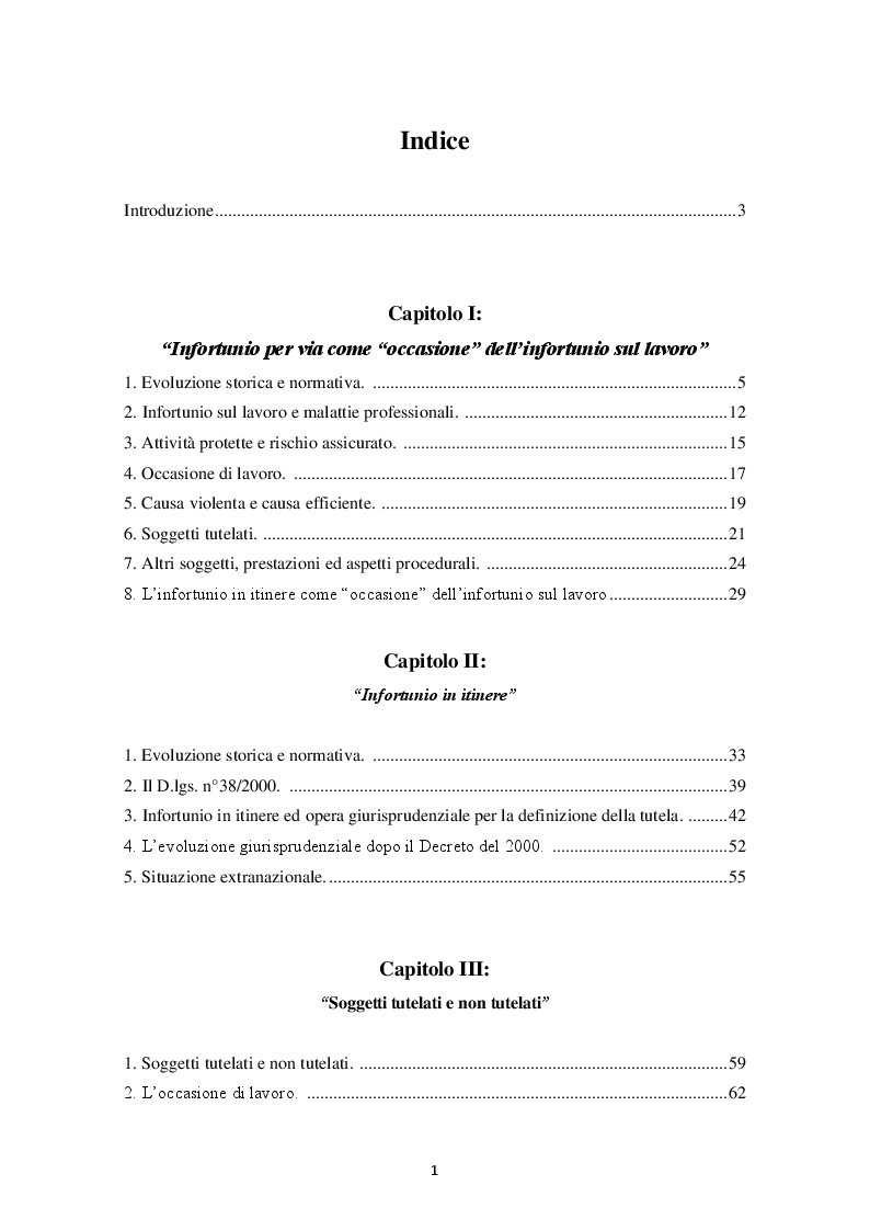 Indice della tesi: Infortunio in itinere: soggetti tutelati e non tutelati, Pagina 1
