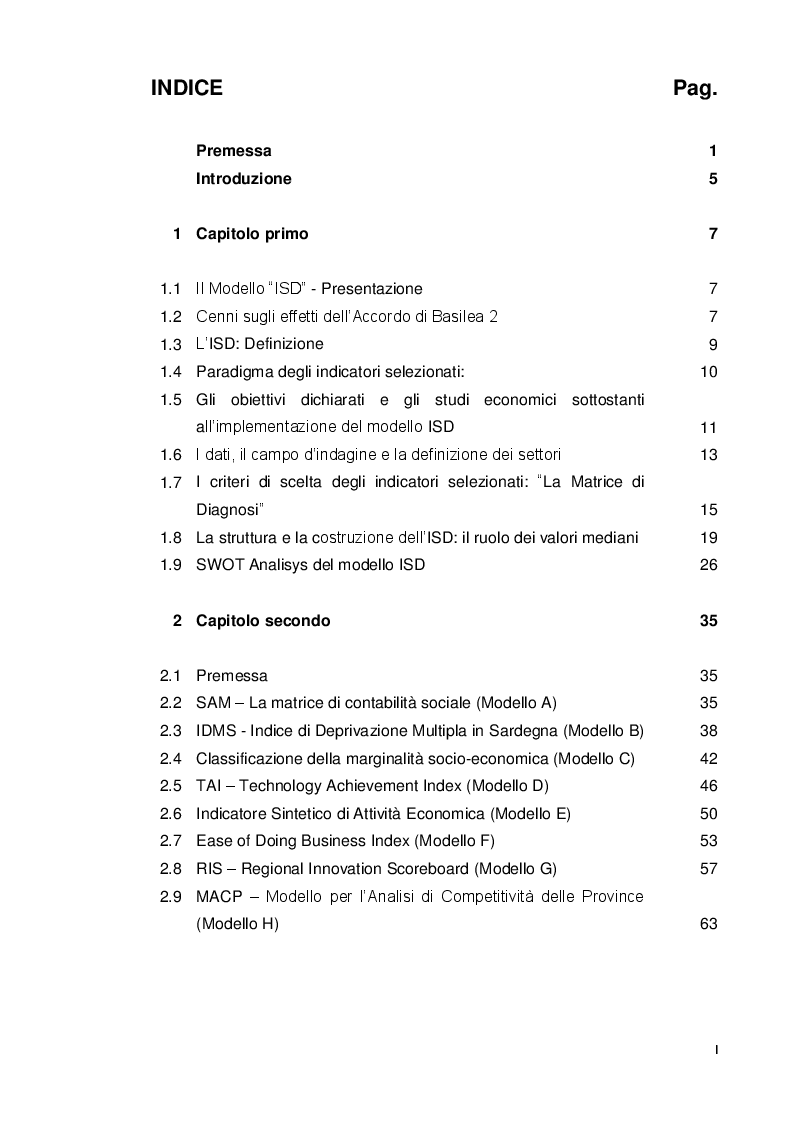 Indice della tesi: L'eccellenza nell'ISD ponderata dalla competitività del sistema regionale: il caso "Sardegna - Umbria" - Una proposta di modello per l'analisi statistica su base territoriale: "ISCGR", Pagina 1