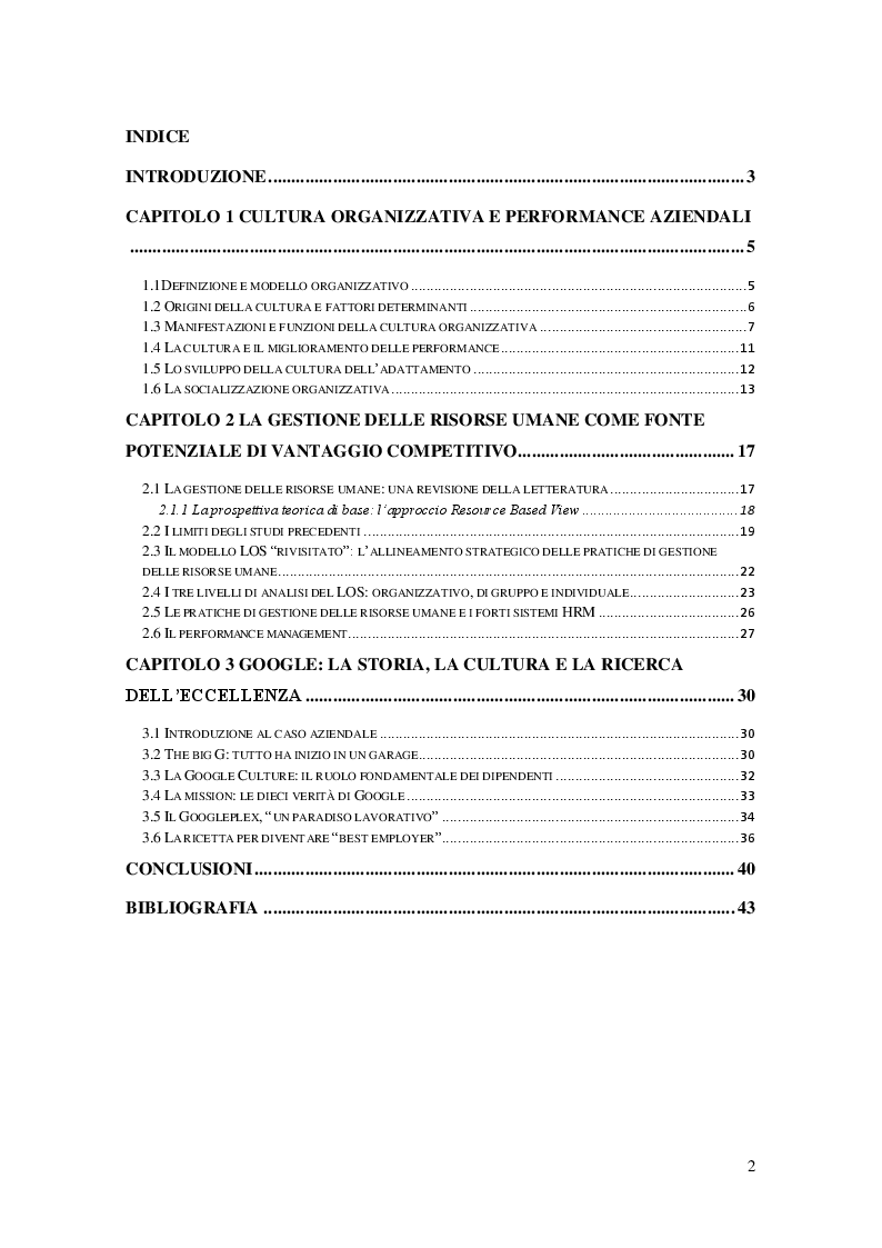 Indice della tesi: In Google we trust. L'importanza della gestione delle risorse umane come fonte potenziale di vantaggio competitivo., Pagina 1