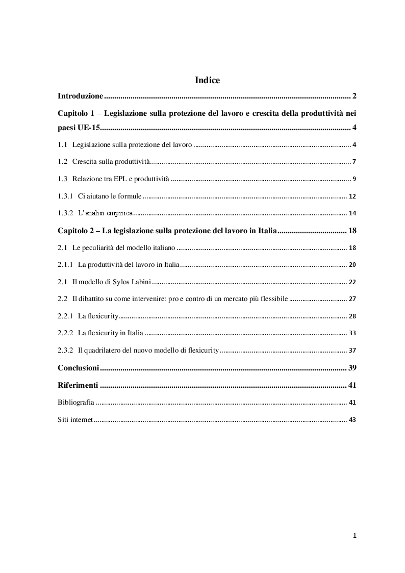 Indice della tesi: Produttività e protezione del lavoro in Italia: problemi e prospettive, Pagina 1