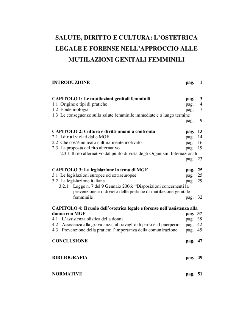 Indice della tesi: Salute, diritto e cultura: l'ostetrica legale e forense nell'approccio alle mutilazioni genitali femminili, Pagina 1