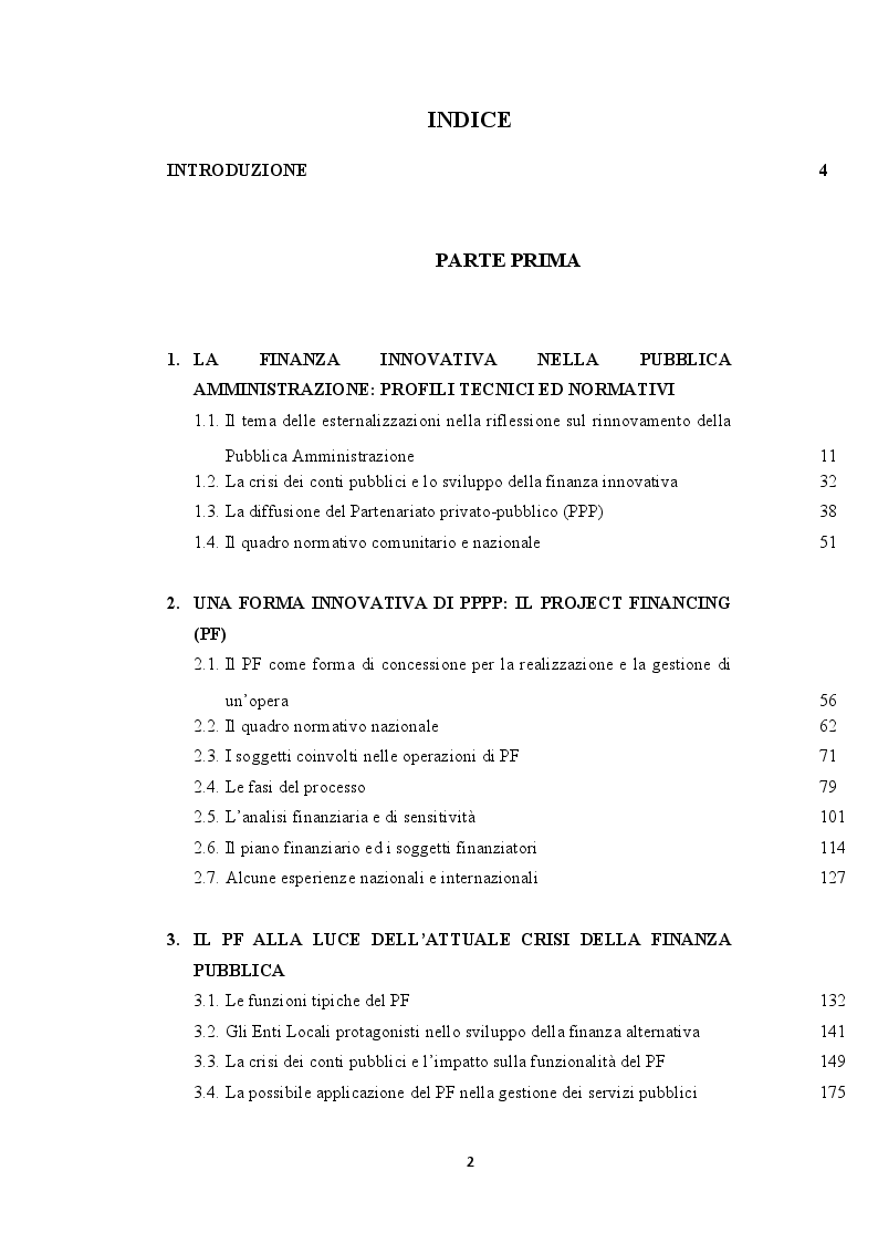 Indice della tesi: Il Project Financing in tempi di crisi della finanza pubblica: riflessioni ed evidenze alla luce del caso del Comune di Cerreto di Spoleto, Pagina 1
