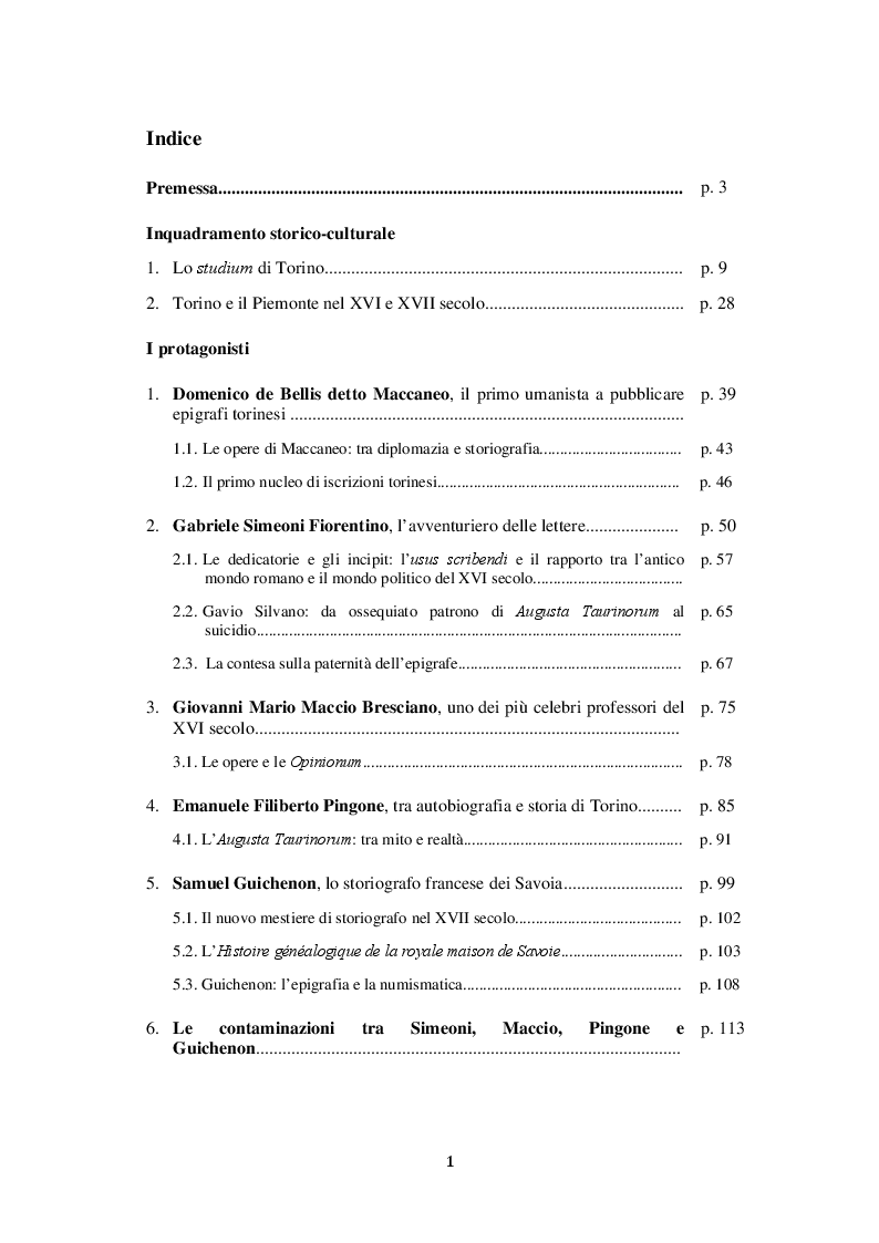 Indice della tesi: ''Leggevano e primi pubblicavano iscrizioni piemontesi''. Epigrafia, antichità e storiografia a Torino nei secoli XVI e XVII., Pagina 1