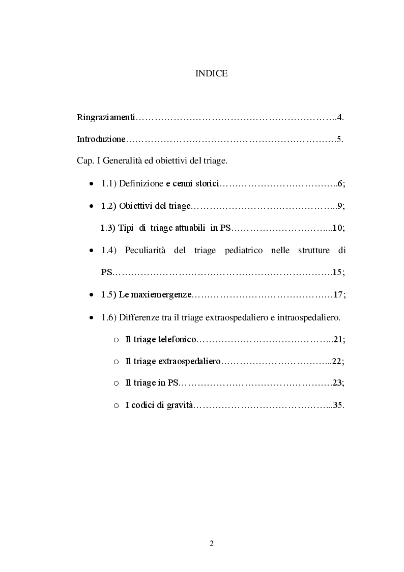 Indice della tesi: Il triage infermieristico: indagine conoscitiva, Pagina 1