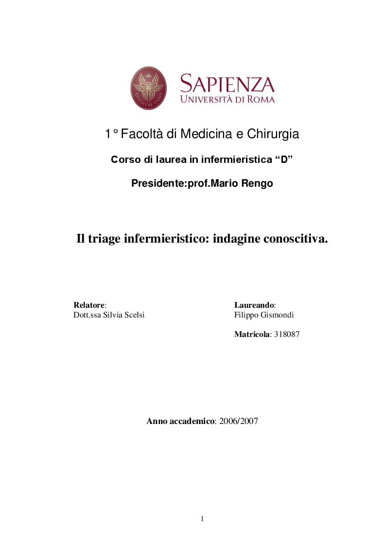 Anteprima della tesi: Il triage infermieristico: indagine conoscitiva, Pagina 1
