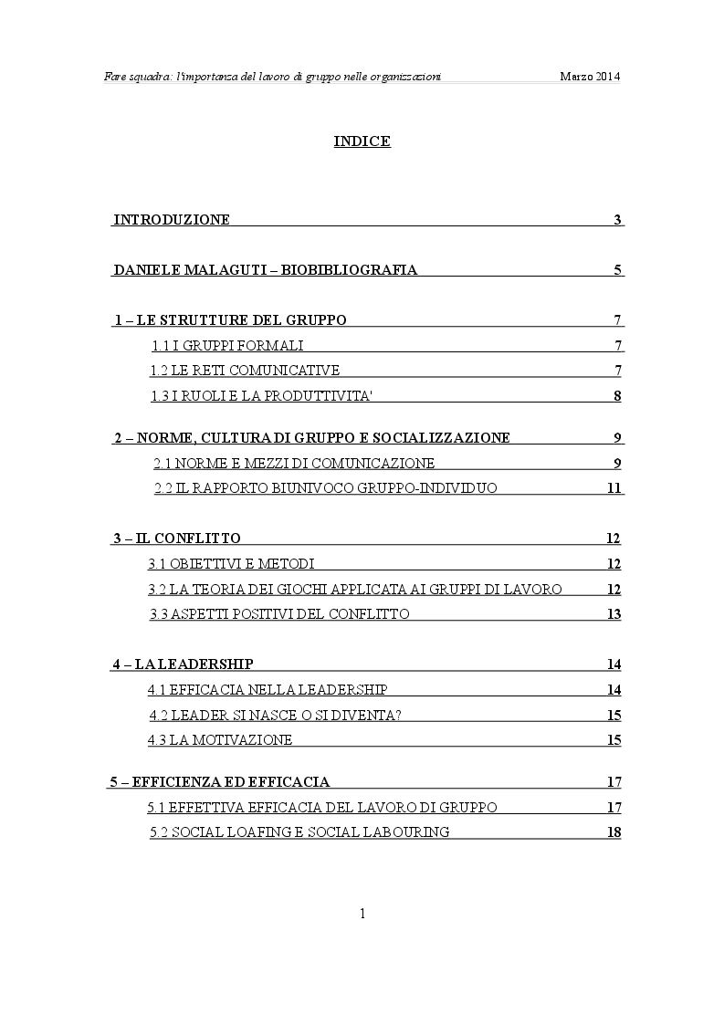 Indice della tesi: Fare squadra: l'importanza del lavoro di gruppo nelle organizzazioni, Pagina 1
