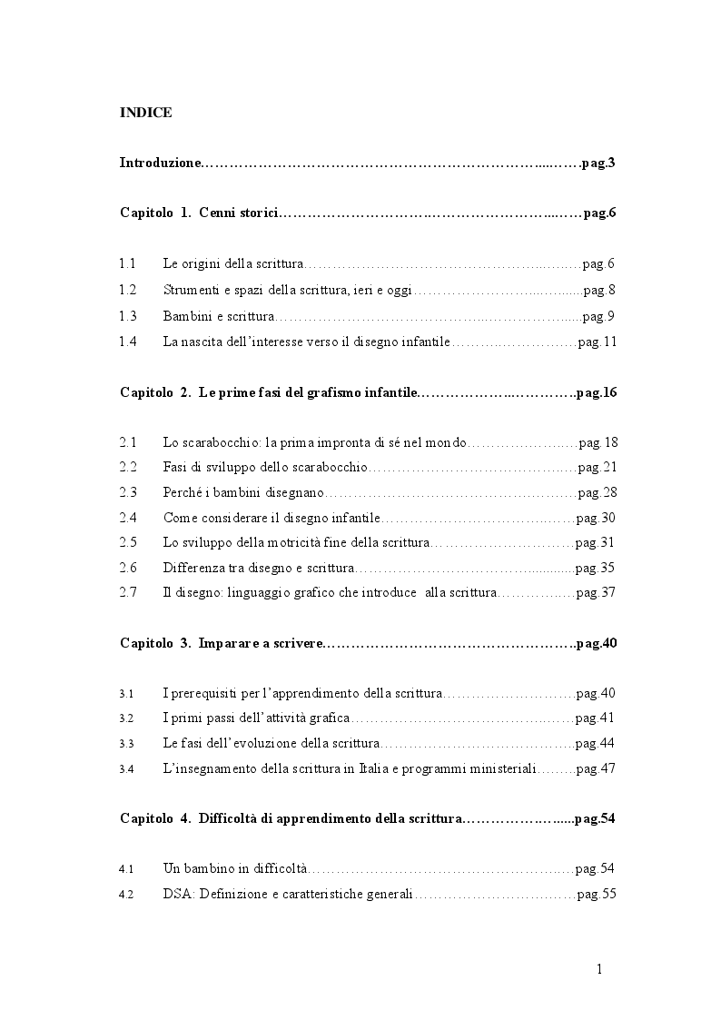 Indice della tesi: Dallo scarabocchio alla scrittura. Strumenti e metodi per insegnare a scrivere, Pagina 1