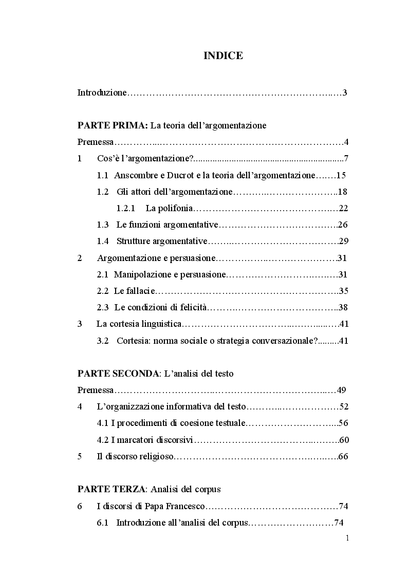 Indice della tesi: Il discorso religioso: strategie persuasive di Papa Francesco, Pagina 1