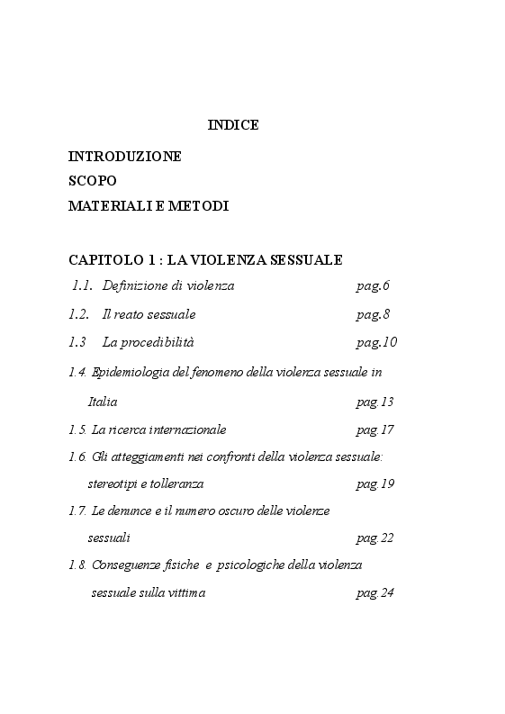 Indice della tesi: Il ruolo dell'infermiere nell'assistenza alle donne vittime di violenza sessuale, Pagina 1