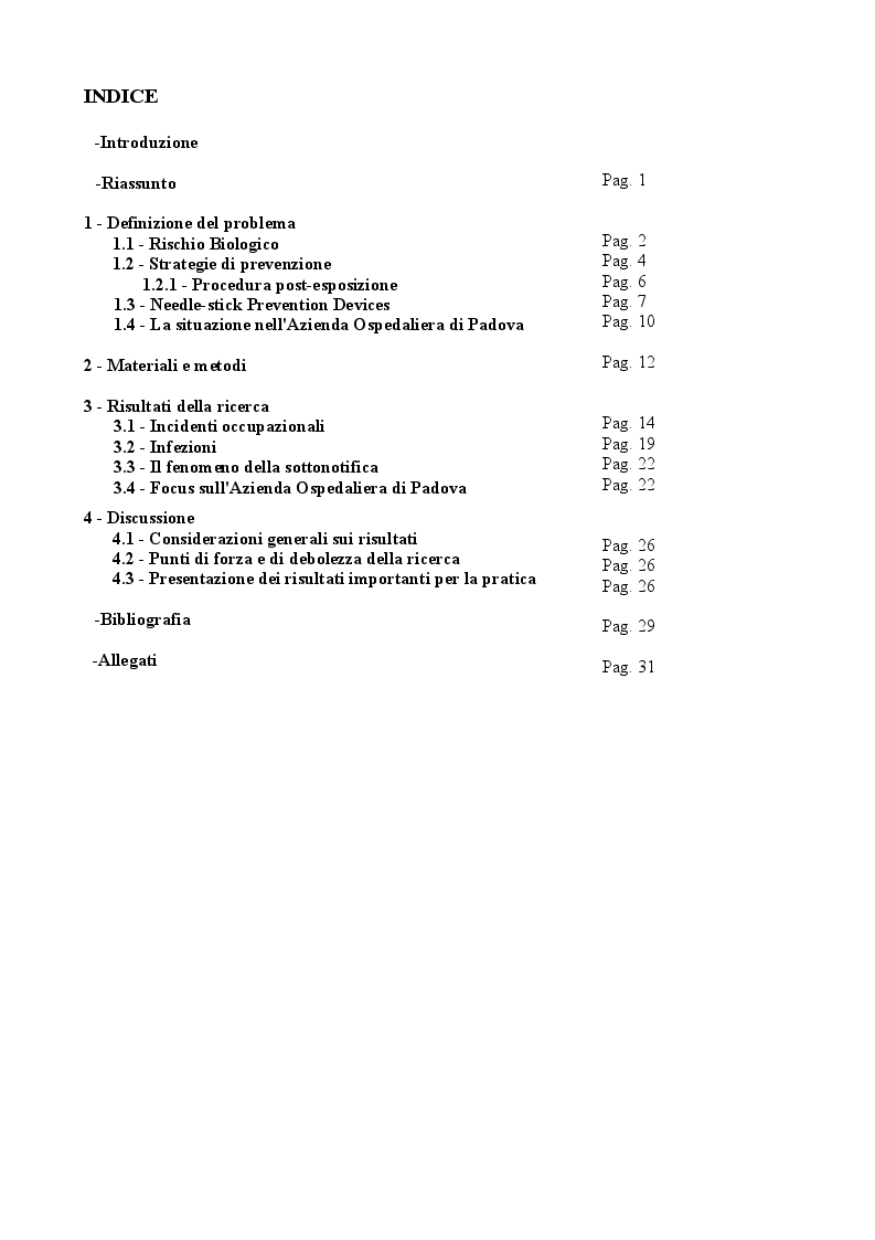 Indice della tesi: Incidenti a rischio biologico in ambito sanitario: revisione della letteratura, Pagina 1