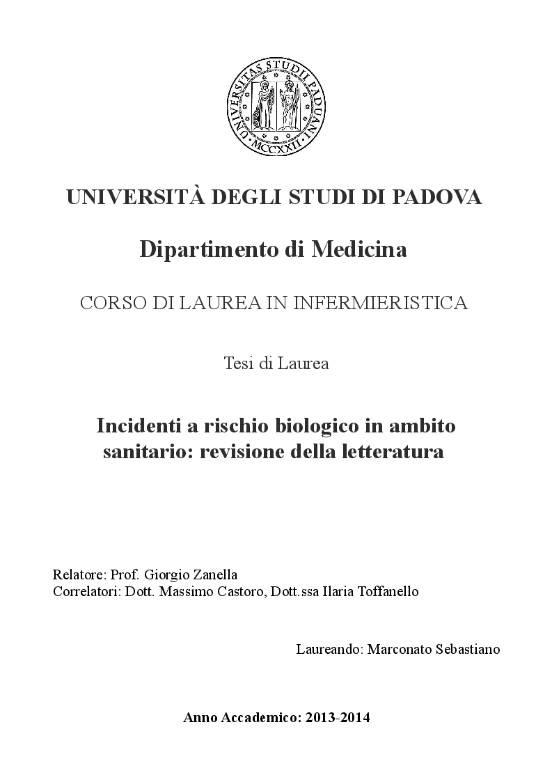 Anteprima della tesi: Incidenti a rischio biologico in ambito sanitario: revisione della letteratura, Pagina 1
