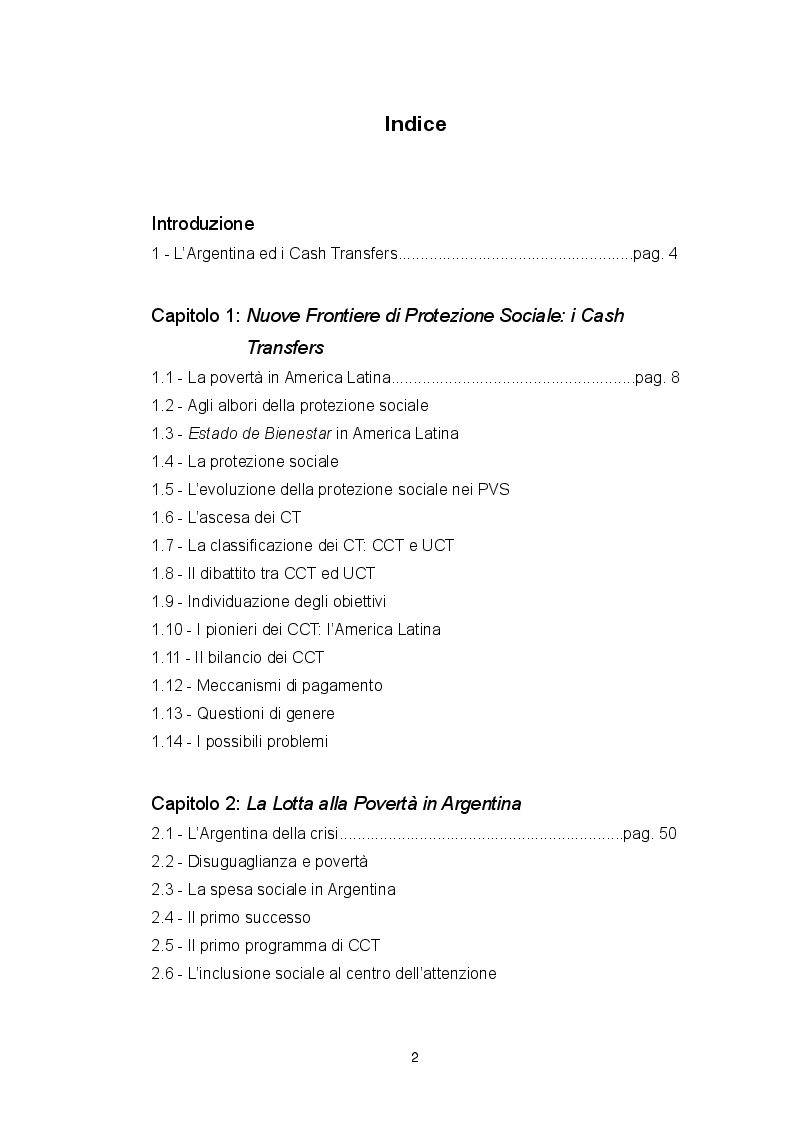 Indice della tesi: Politiche contro la povertà: i Cash Transfers in Argentina, Pagina 1