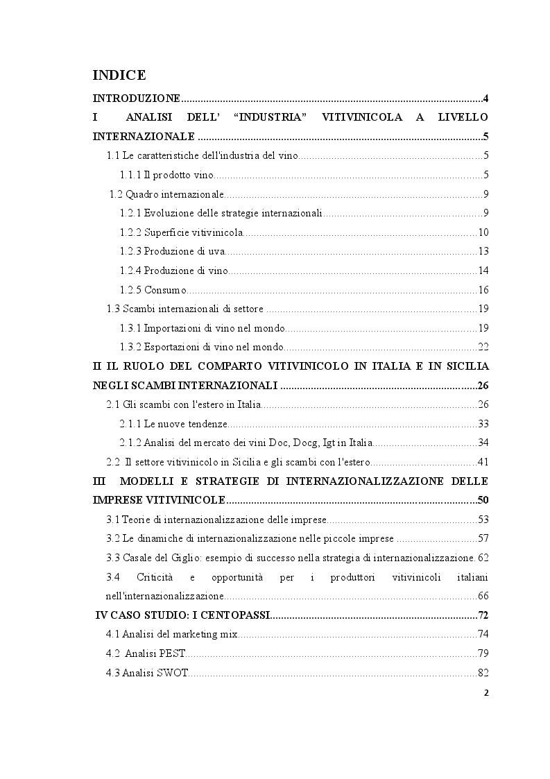 Indice della tesi: Strategie di internazionalizzazione del settore vitivinicolo. Il caso Centopassi, Pagina 1