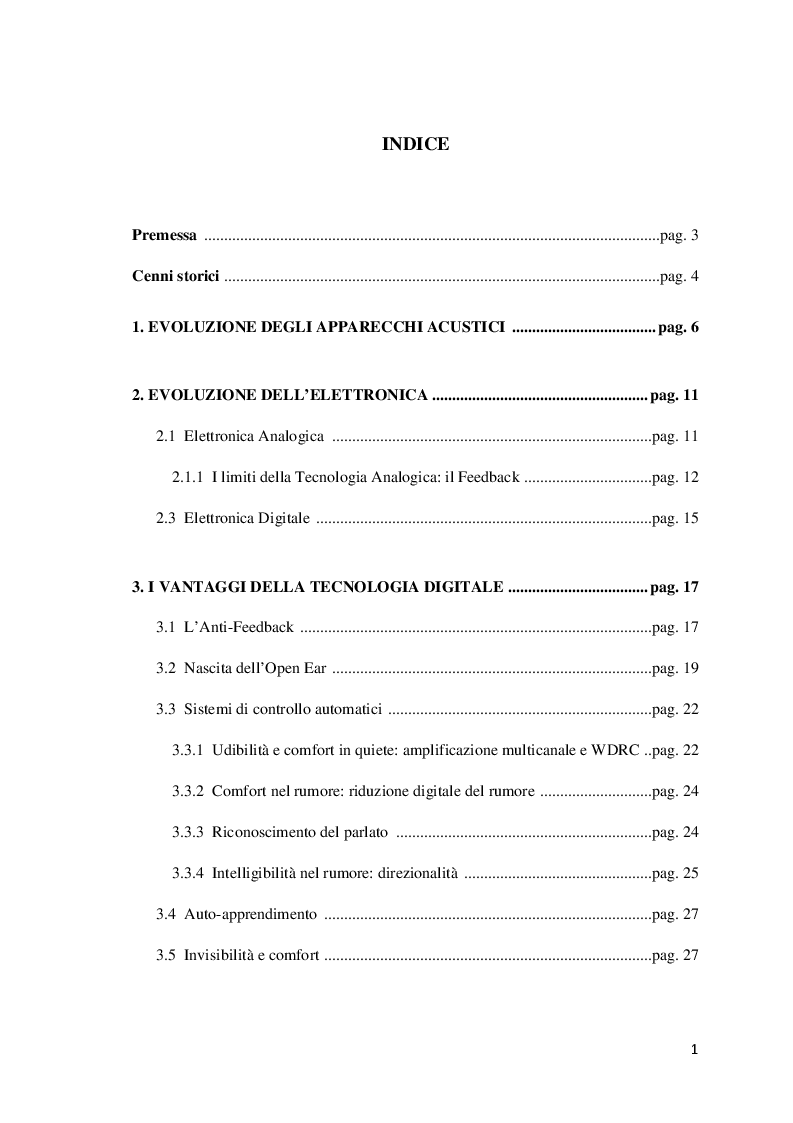 Indice della tesi: Incidenza della tecnologia digitale nel fitting degli apparecchi acustici e nel lavoro dell'audioprotesista, Pagina 1