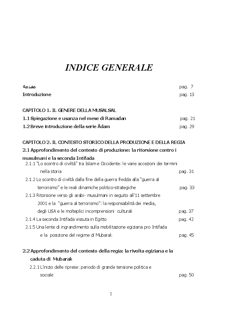 Indice della tesi: ''Ādam'' 2011: lettura socio-politica di una musalsal egiziana del post Rivoluzione, Pagina 1