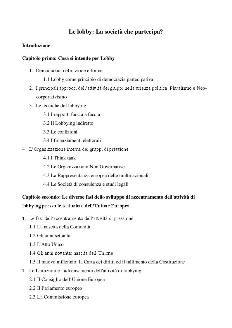 Indice della tesi: Le lobby, la società che partecipa?, Pagina 1