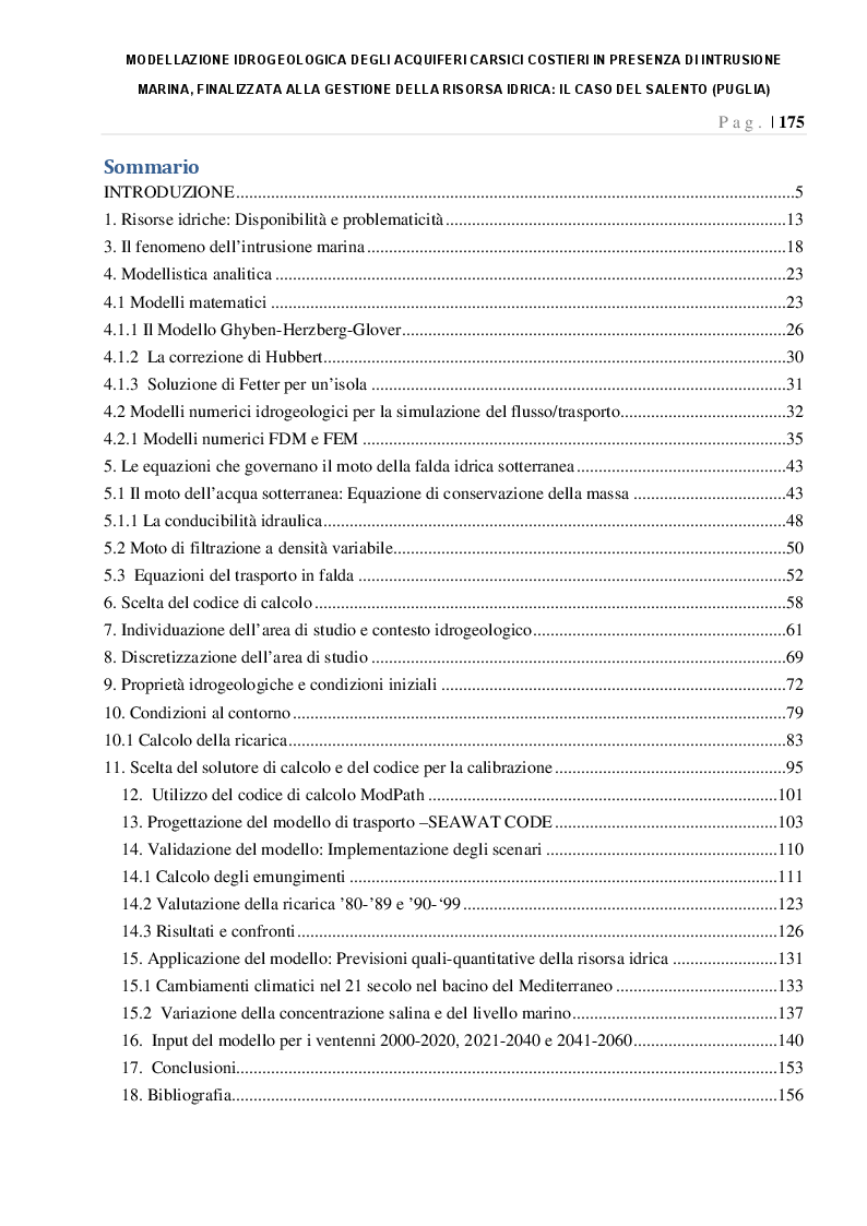 Indice della tesi: Modellazione Idrogeologica degli acquiferi carsici costieri finalizzata alla gestione della risorsa idrica:il caso del Salento (Puglia), Pagina 1