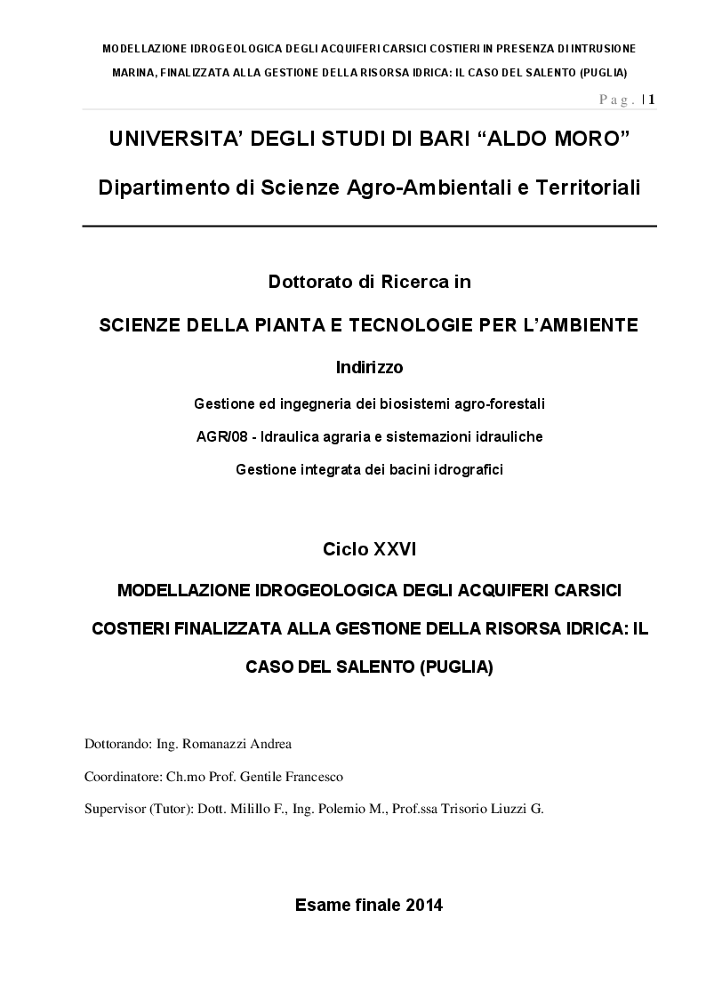 Anteprima della tesi: Modellazione Idrogeologica degli acquiferi carsici costieri finalizzata alla gestione della risorsa idrica:il caso del Salento (Puglia), Pagina 1