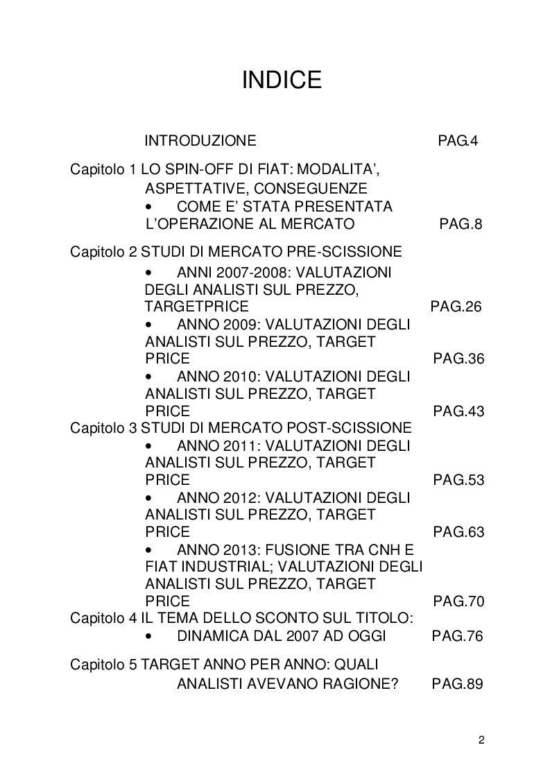 Indice della tesi: Dinamiche di creazione di valore: lo spin-off Fiat Auto, Pagina 1