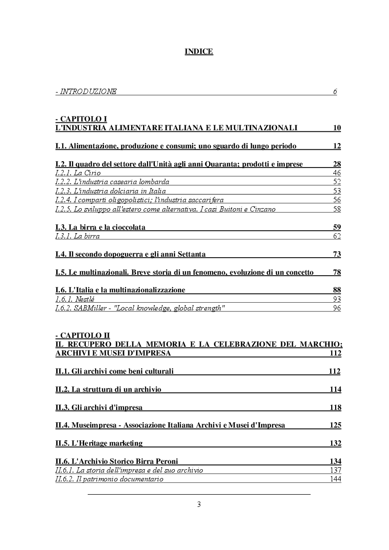 Indice della tesi: L'industria alimentare italiana tra il recupero della storia d'impresa e le multinazionali. Il caso aziendale Birra Peroni S.p.A., Pagina 1