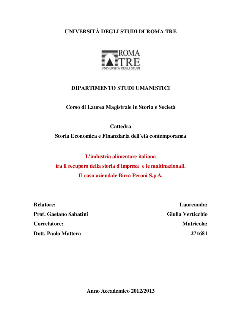 Anteprima della tesi: L'industria alimentare italiana tra il recupero della storia d'impresa e le multinazionali. Il caso aziendale Birra Peroni S.p.A., Pagina 1