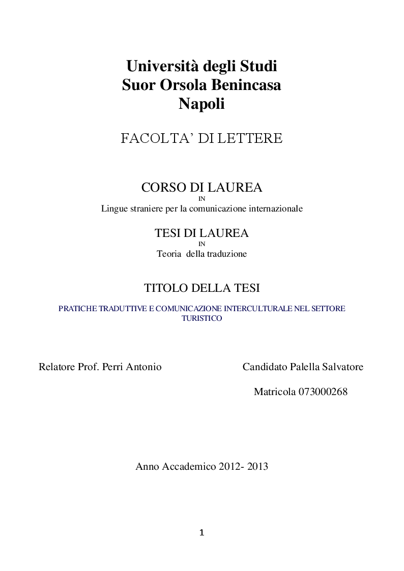 Anteprima della tesi: Pratiche Traduttive e comunicazione interculturale nel settore turistico, Pagina 1
