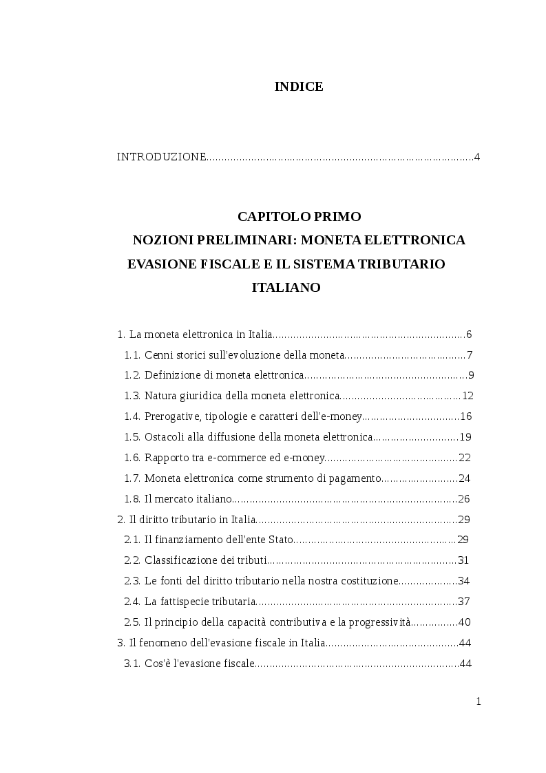Indice della tesi: La moneta elettronica come strumento di contrasto all'evasione fiscale, Pagina 1