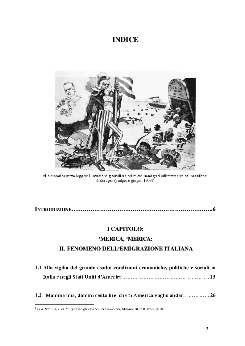 Indice della tesi: Tutela degli emigrati e promozione della cultura italiana negli Stati Uniti d'America nei primi del Novecento, Pagina 1