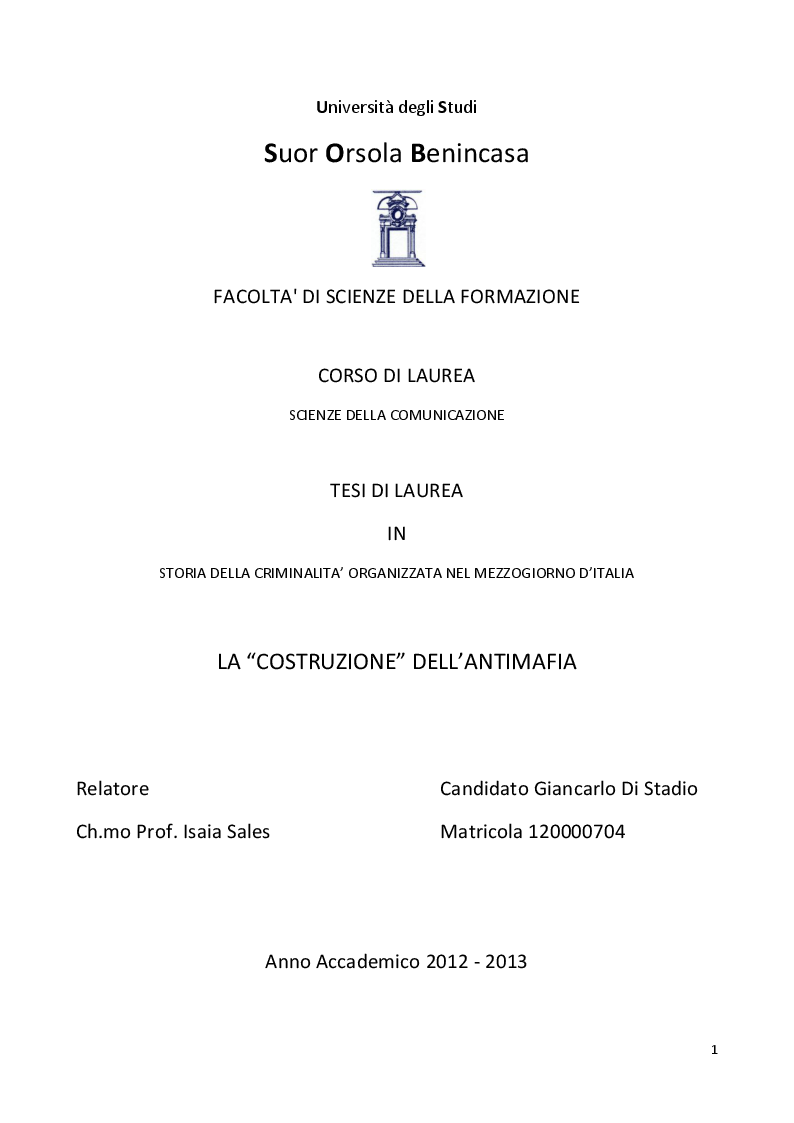 Anteprima della tesi: La ''costruzione'' dell'Antimafia, Pagina 1