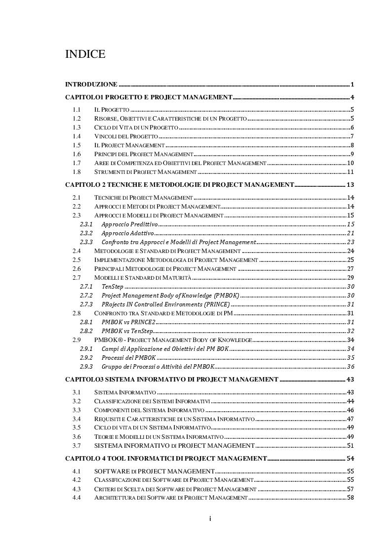 Indice della tesi: Gli strumenti di Project Management: Tecniche, Metodologie e Tool, Pagina 1