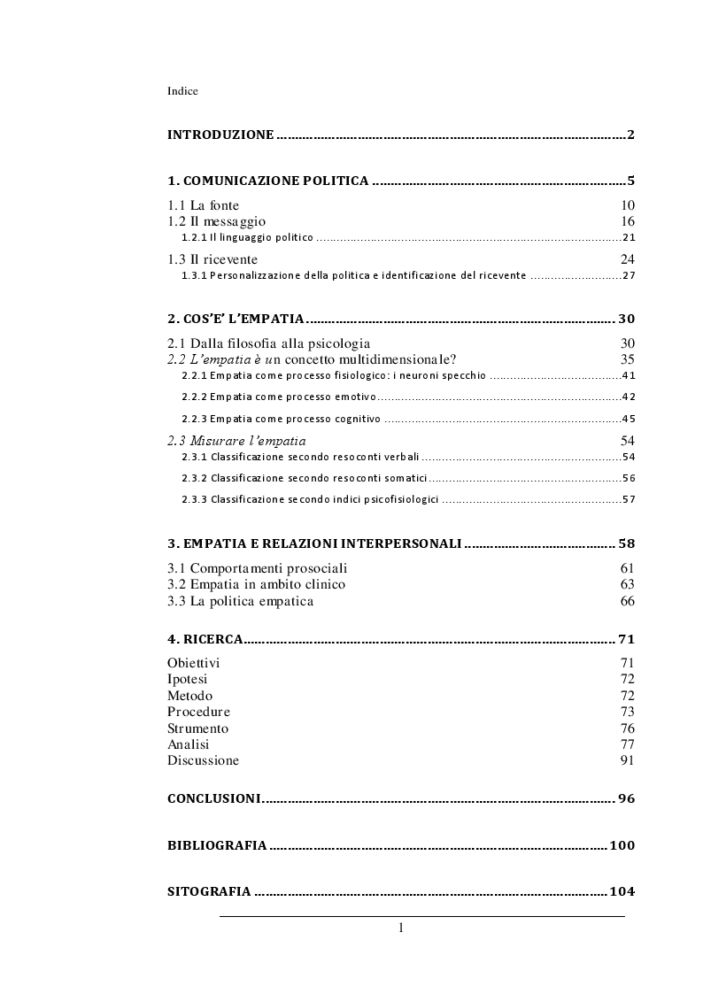 Indice della tesi: ''Mi metto nei vostri panni'': uno studio sull'efficacia della comunicazione empatica in ambito politico, Pagina 1