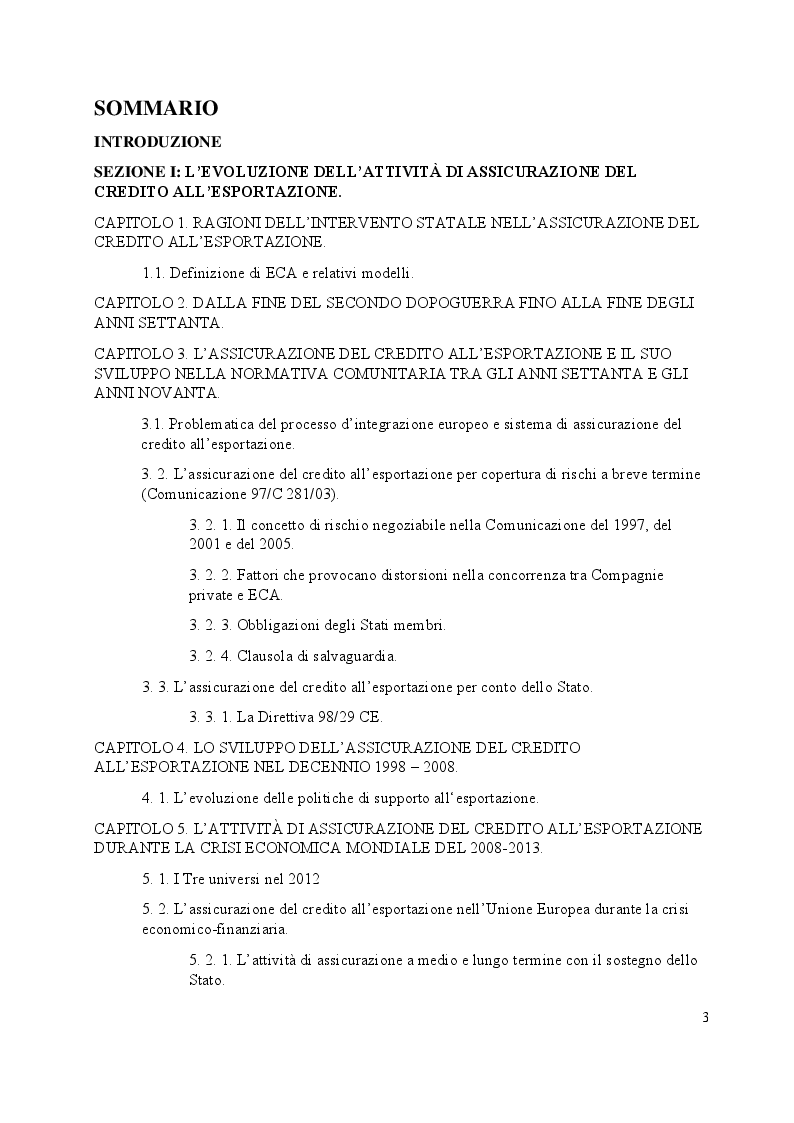Indice della tesi: L'assicurazione del credito all'esportazione: profili di comparazione tra Italia e Argentina., Pagina 1