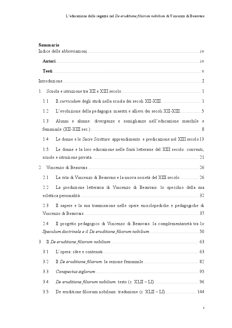 Indice della tesi: L'educazione delle ragazze nel ''De eruditione filiorum nobilium'' di Vincenzo di Beauvais, Pagina 1