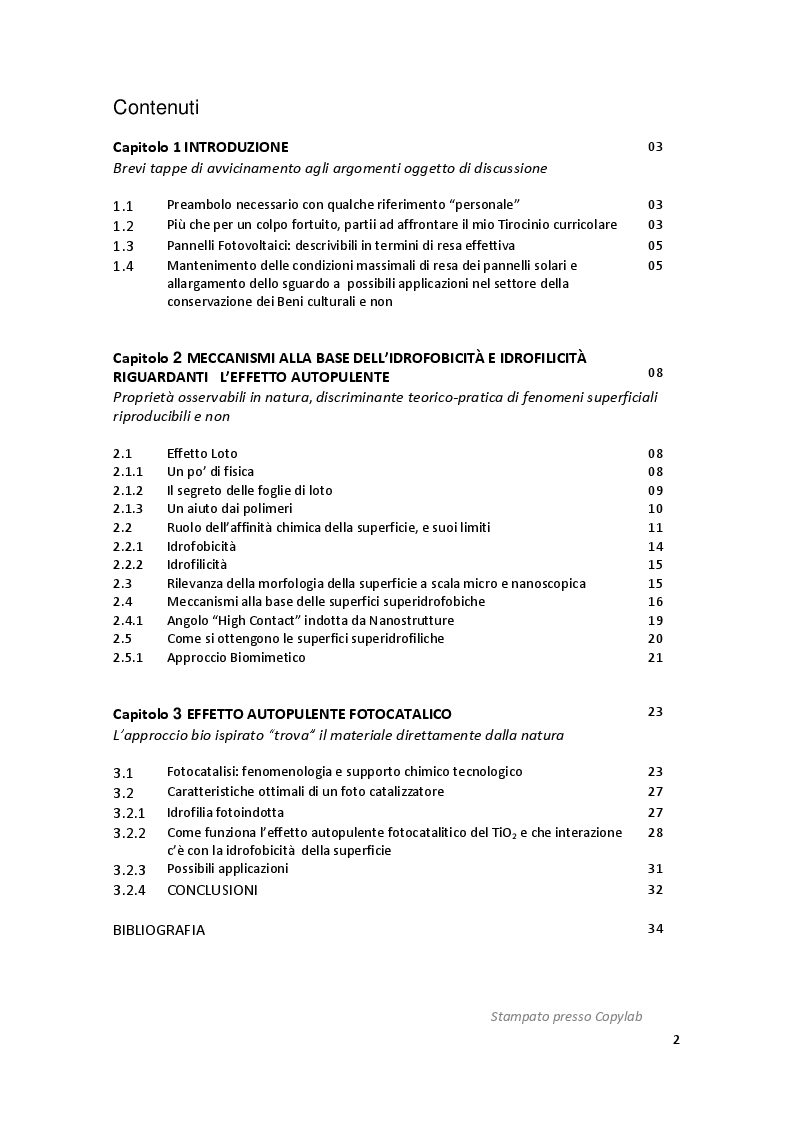Indice della tesi: Mitigazione dell'accumulo di polvere ed inquinanti su pannelli solari e superfici architettoniche, con l'uso di superfici funzionali nanostrutturate, Pagina 1