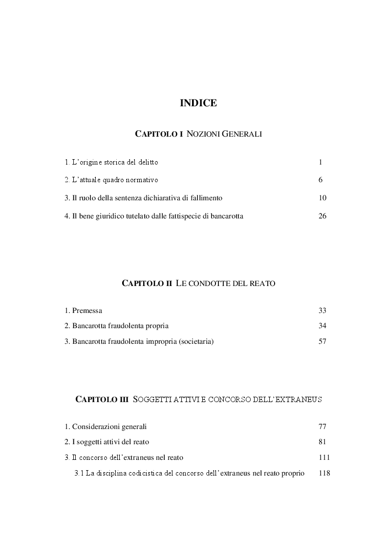 Indice della tesi: I delitti di bancarotta fraudolenta con particolare riferimento al concorso dell'extraneus, Pagina 1