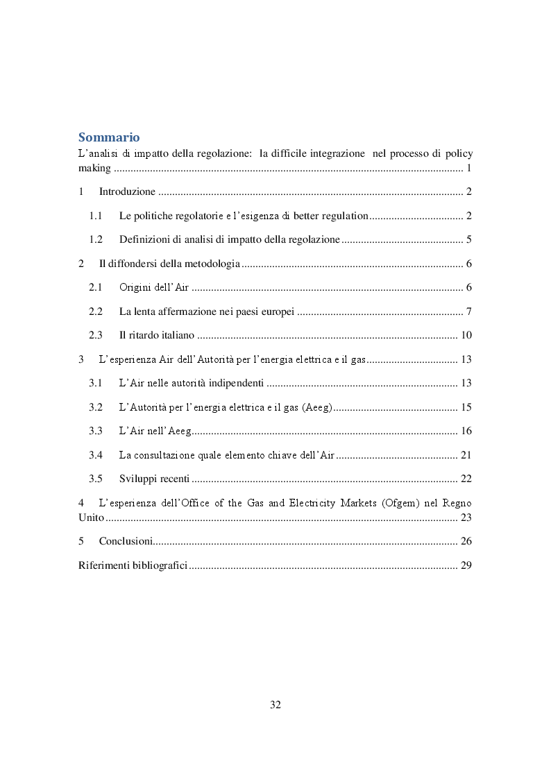 Indice della tesi: L'analisi di impatto della regolazione: la difficile integrazione nel processo di policy making, Pagina 1