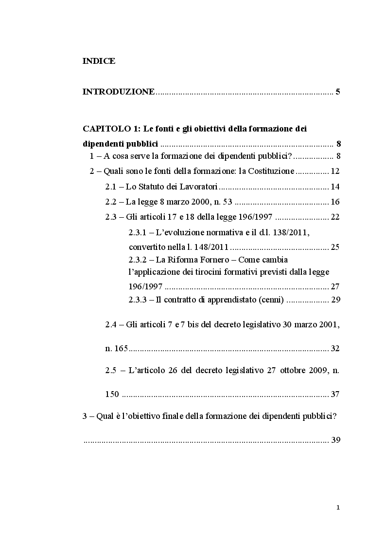 Indice della tesi: La Formazione del Dipendente Pubblico, Pagina 1