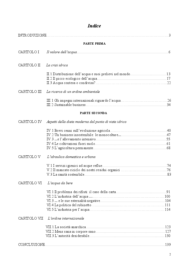 Indice della tesi: Analisi critica della politica idrica, Pagina 1