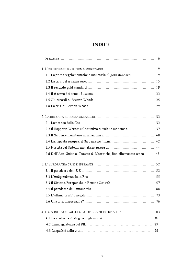 Indice della tesi: Jean Paul Fitoussi: Politica Europea e crisi economico finanziaria, Pagina 1