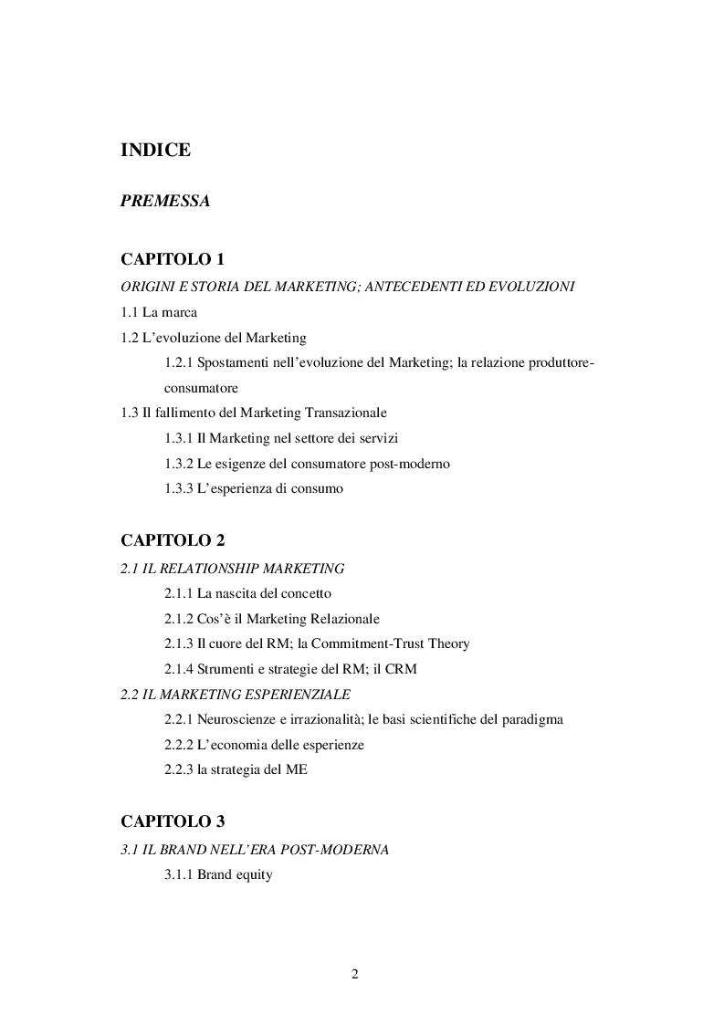 Indice della tesi: L'evoluzione del marketing ed i suoi principali sviluppi nell'era postmoderna, Pagina 1