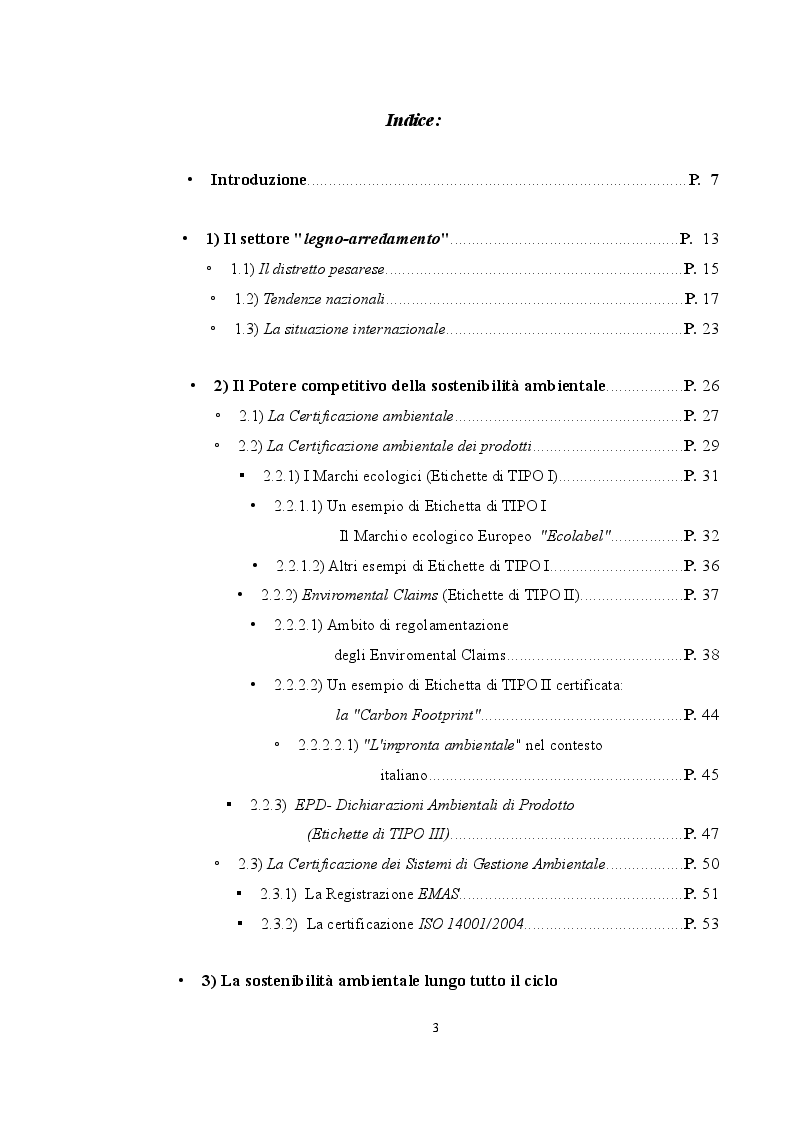 Indice della tesi: La sostenibilità ambientale come fattore di competitività nel settore legno-arredamento, Pagina 1