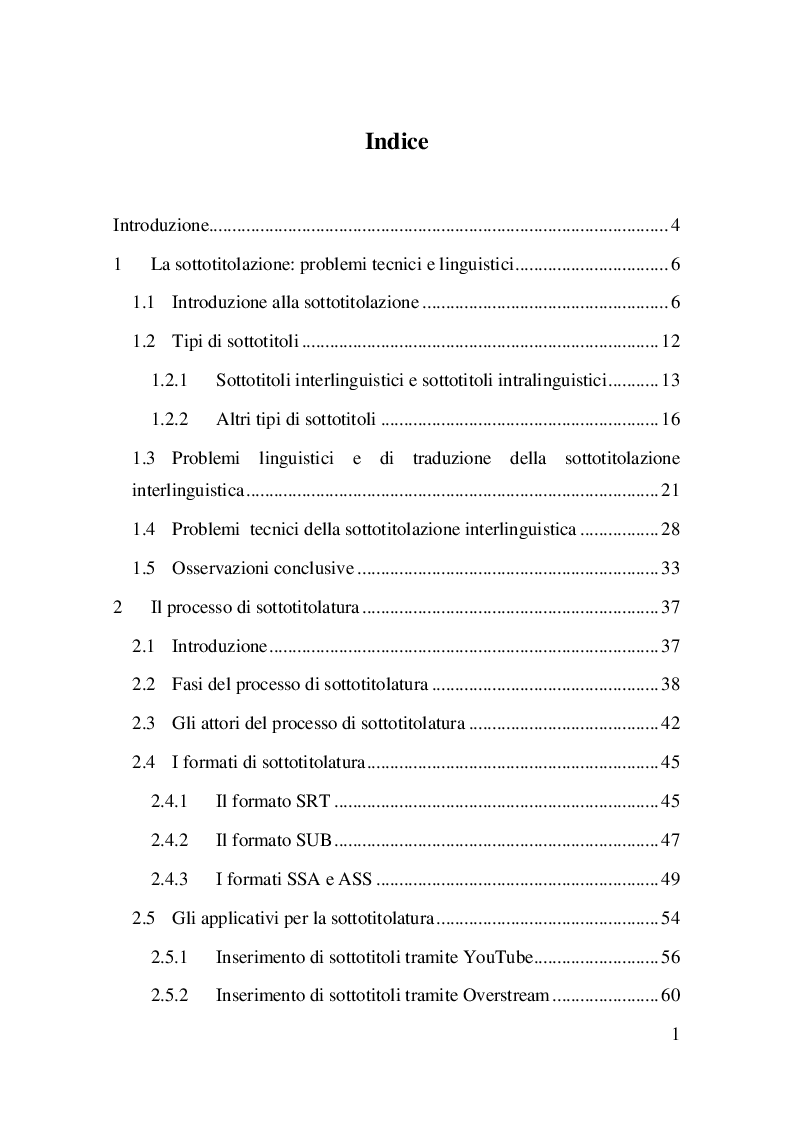 Indice della tesi: Metodologie e Tecnologie per la Sottotitolatura, Pagina 1