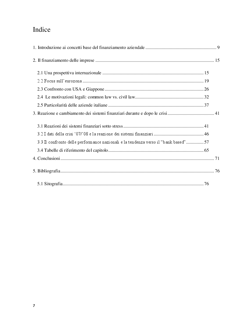 Indice della tesi: Le decisioni di finanziamento delle imprese italiane: confronti con l'estero e prospettive per il futuro, Pagina 1