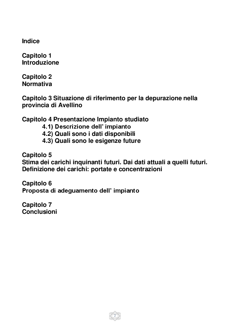 Indice della tesi: Proposta di adeguamento dell' impianto di depurazione di Pianodardine (AV), Pagina 1