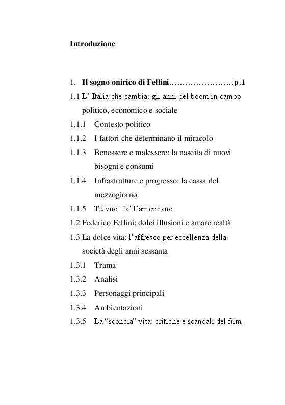 Indice della tesi: Da ''La dolce vita'' a ''La grande bellezza''. Un viaggio lungo quarant'anni, Pagina 1