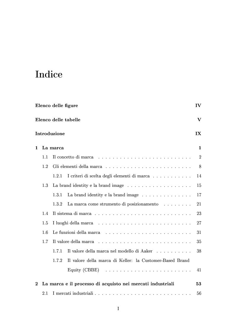 Indice della tesi: Il ruolo della marca nei mercati industriali: un'indagine empirica, Pagina 1