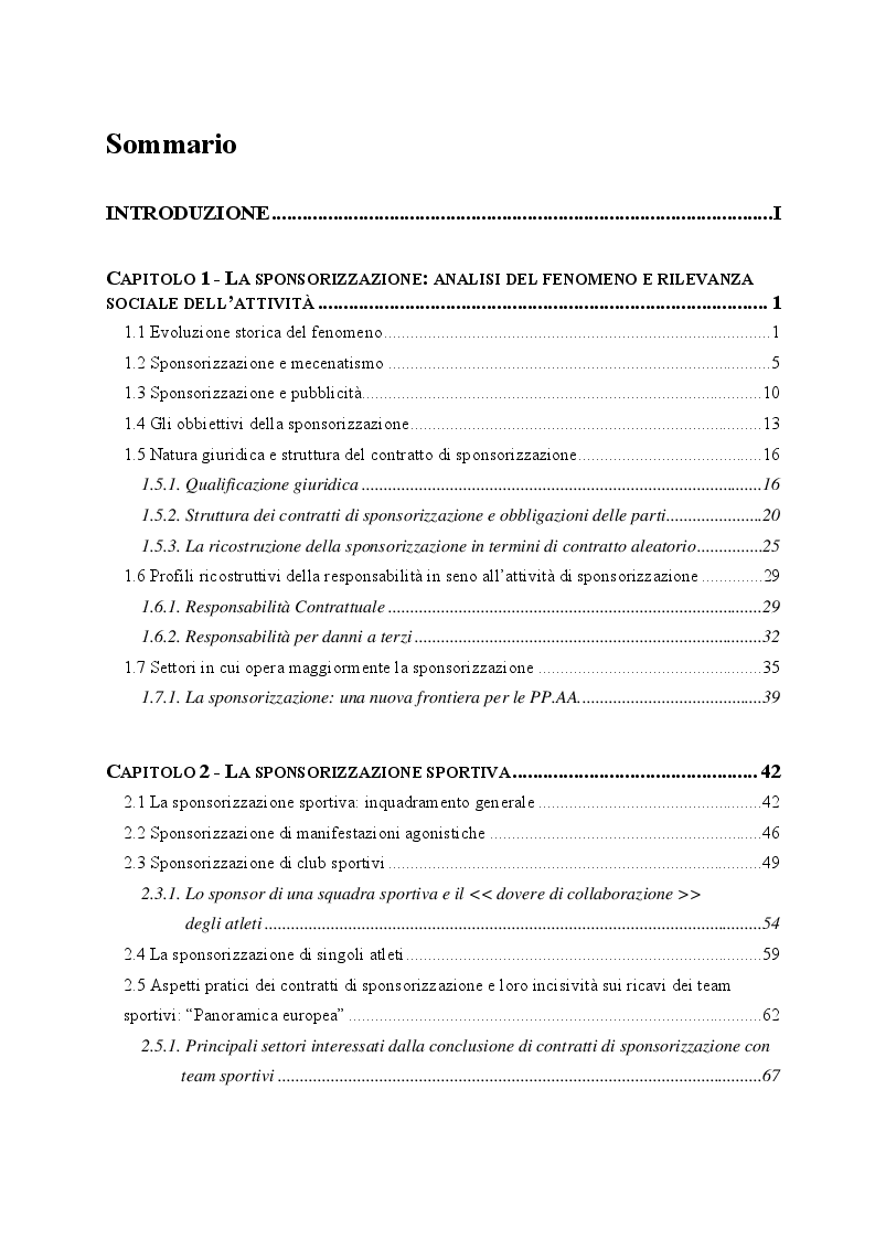 Indice della tesi: I contratti di sponsorizzazione tra esigenze di mercato e tutela della persona, Pagina 1
