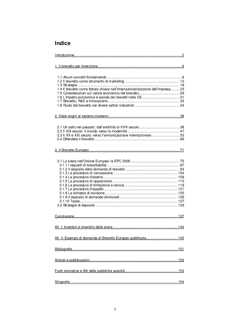 Indice della tesi: La tutela brevettuale nell'Unione Europea, Pagina 1
